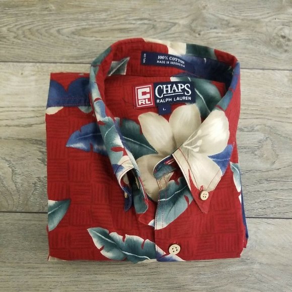 Chaps Casual Short Sleeve Shirt Mens Large Hawaiian Vacation Camp Red Relaxed - Picture 9 of 10